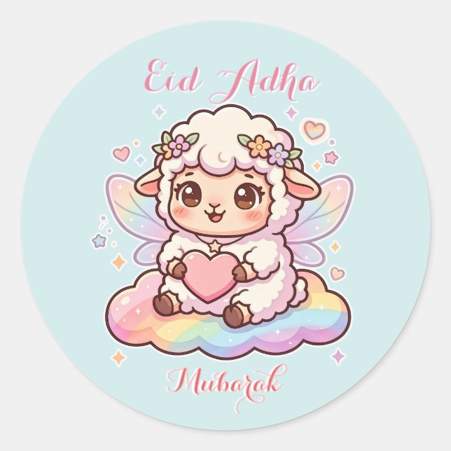 Süße Chibi-Fee-Schaf-Regenbogen-Eid-Adha-Mubarak  Runder Aufkleber (Vorderseite)