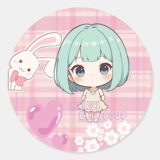 Süße Chibi Grün Haar Runder Aufkleber (Vorderseite)
