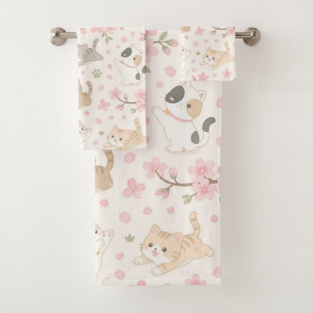 Süße Chibi-Kätzchen und Kirschblüten Badhandtuch Set (Insitu)