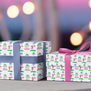 Süße Chibi Mädchen Geburtstags Golf Thema Geburtst Geschenkpapier Set