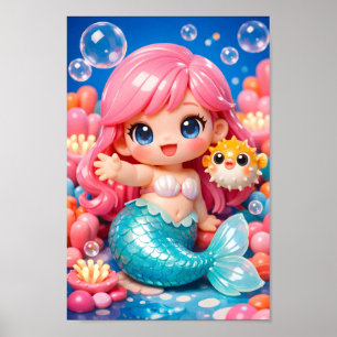 Süße Chibi-Meeresjungfrau mit Kugelfisch-Freund Me Poster