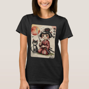 Süße Chibi-Samurai-Girl mit Katana-Katze Japanisch T-Shirt