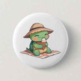 Süße Chibi-Schildkröte mit Strohhut beim Eisessen Button