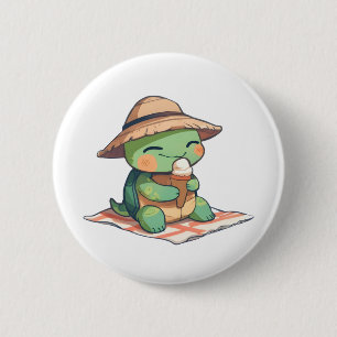 Süße Chibi-Schildkröte mit Strohhut beim Eisessen Button