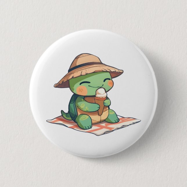 Süße Chibi-Schildkröte mit Strohhut beim Eisessen  Button (Vorderseite)