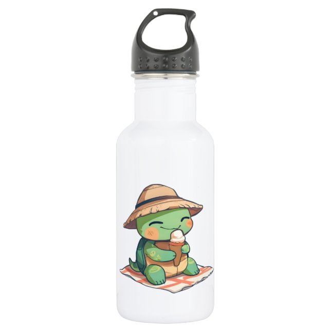 Süße Chibi-Schildkröte mit Strohhut beim Eisessen  Edelstahlflasche (Vorderseite)