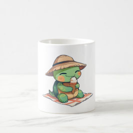 Süße Chibi-Schildkröte mit Strohhut beim Eisessen Kaffeetasse