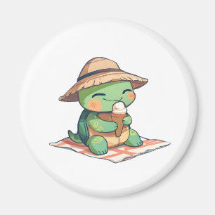 Süße Chibi-Schildkröte mit Strohhut beim Eisessen  Magnet
