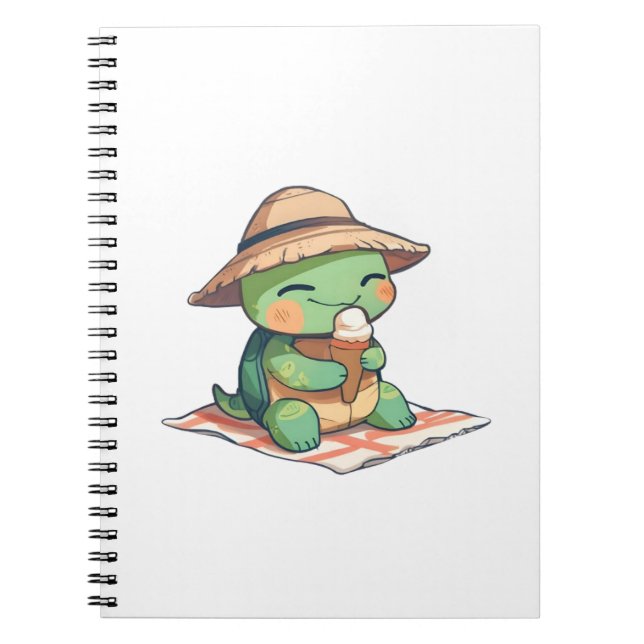 Süße Chibi-Schildkröte mit Strohhut beim Eisessen  Notizblock (Vorderseite)