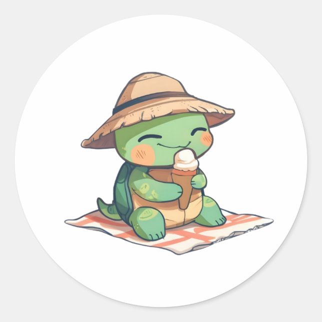 Süße Chibi-Schildkröte mit Strohhut beim Eisessen  Runder Aufkleber (Vorderseite)