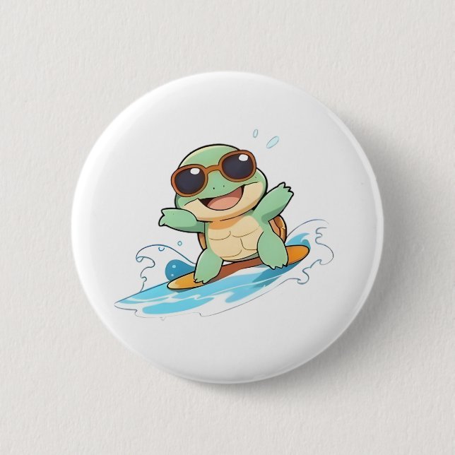 Süße Chibi-Schildkröte Surfer Sommer Strand Design Button (Vorderseite)