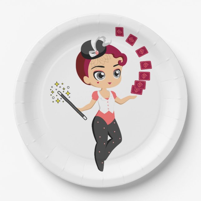 Süße Chibi-Zauberin bei einem Kartenkunststück  Pappteller (Vorderseite)