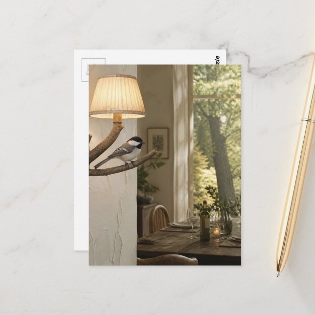 Süße Chickadee im Esszimmer Surrealer Collage Postkarte (Vorderseite/Rückseite Beispiel)