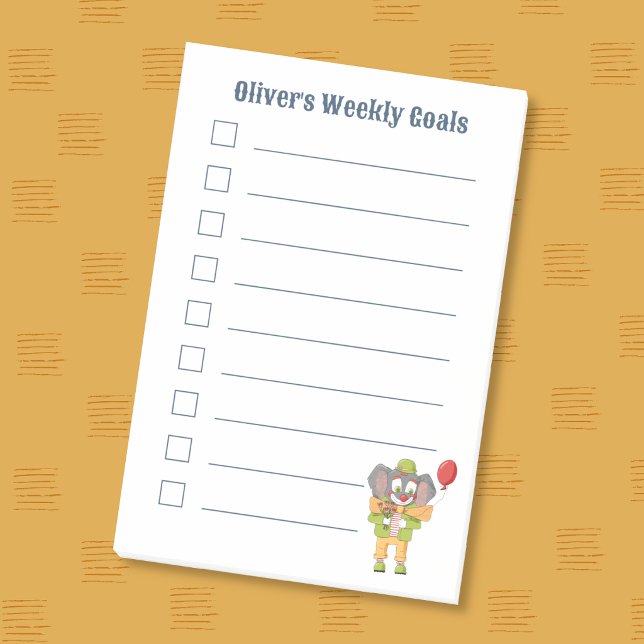 Süße Clown-Elefant-Kind-Ziele Post-It-Notizen Post-it Klebezettel (Cute clown elephant kid weekly goals sticky notes .)