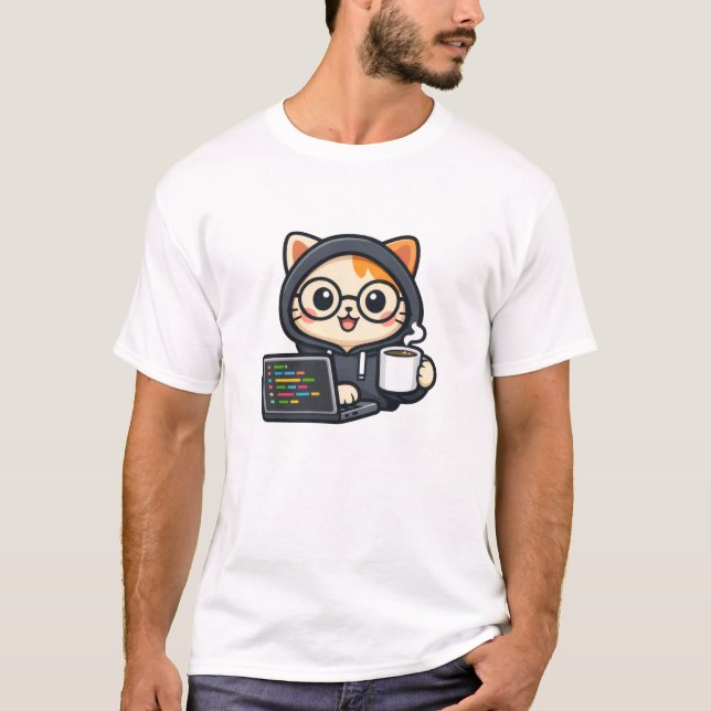 Süße Coder-Katze mit Kaffee- und Laptop-T-Shirt T-Shirt (Vorderseite)