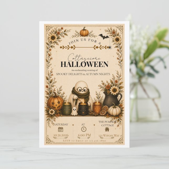 Süße Cottagecore-Halloween-Party-Einladung (Stehend Vorderseite)