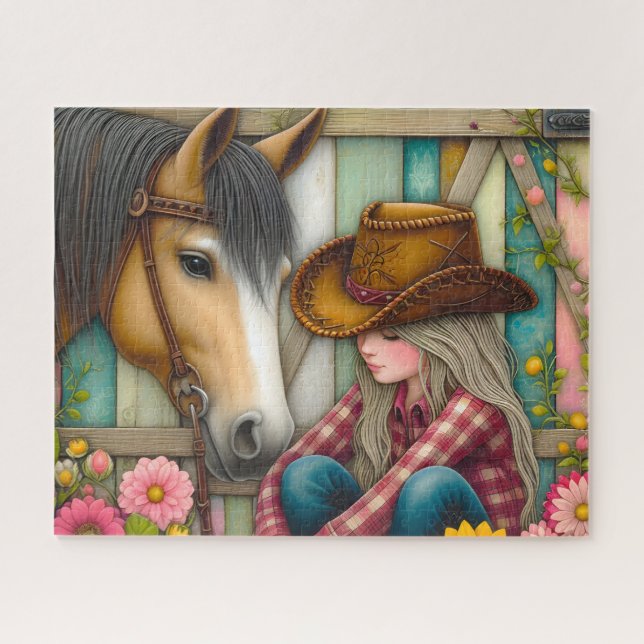 Süße Cowgirl Pferd Blumen Puzzle (Horizontal)