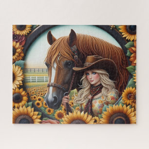 Süße Cowgirl Pferd Sonnenblume Puzzle