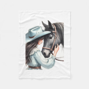 Süße Cowgirl und schwarzes Pferd Landkunst Fleece