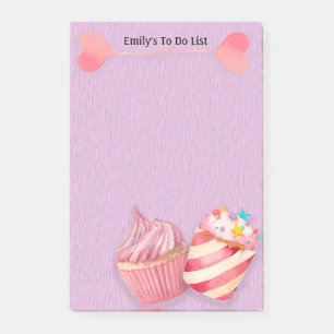 Süße Cupcakes und Lutscher auf violetter To-Do-Lis Post-it Klebezettel