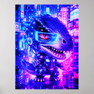 Süße Cyberpunk-Dinosaurier-Neonstadt-Chibi-Wandkun Poster