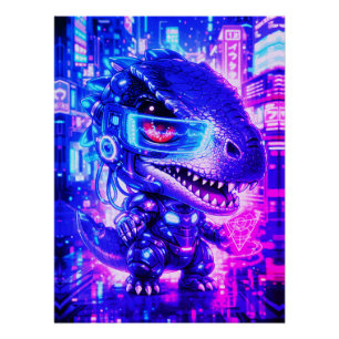 Süße Cyberpunk-Dinosaurier-Neonstadt-Chibi-Wandkun Poster