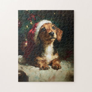 Süße Dachshund-Welpen-Weihnachtsmalerei Puzzle