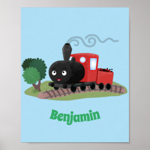 Süße Dampflokomotiven-Cartoon-Illustration Poster
