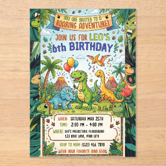 Süße Dino 6. Geburtstags-Jungle-Adventure-Party Acryleinladungen