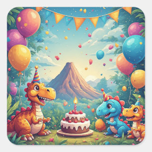 🦖 Süße Dinosaurier-Geburtstagsfeier im Dschungel- Quadratischer Aufkleber