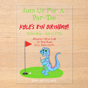 Süße Dinosaurier-Golf-Themen-Kindergeburtstag  Acryleinladungen