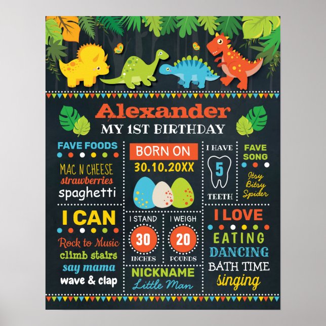 Süße Dinosaurier-Jungs Geburtsstatistik Geburtstag Poster (Vorne)