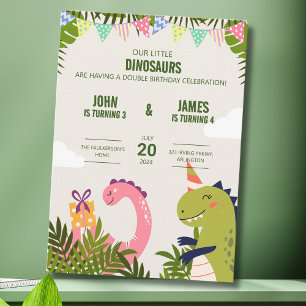 Süße Dinosaurier-Kinder feiern doppelten Geburtsta Einladung