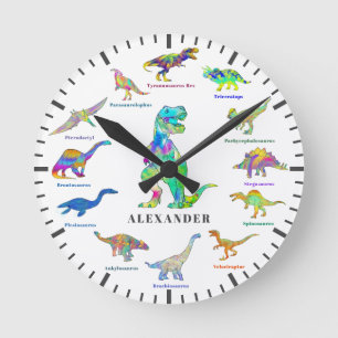 Süße Dinosaurier mit Namen farbenfrohe Personalisi Runde Wanduhr