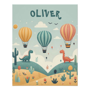 Süße Dinosaurier und Heißluftballons Poster