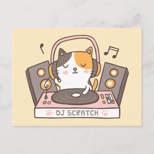 Süße DJ-Scratch-Kitty-Cat-Pun-Postkarte Postkarte (Vorderseite)