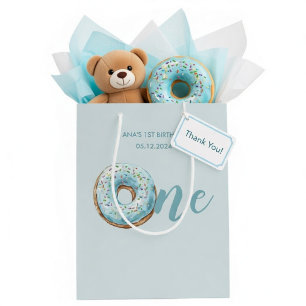 Süße Donut zum 1. Geburtstag   Pastellblau Mittlere Geschenktüte