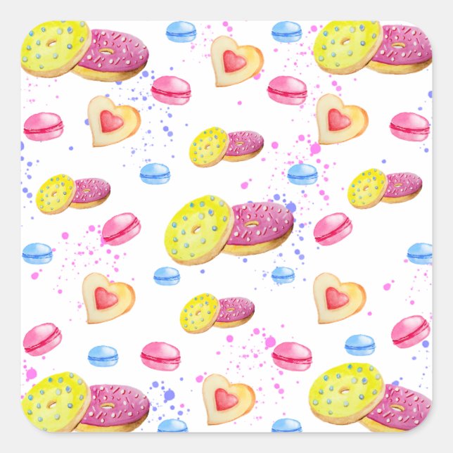 Süße Donuts mit farbenfrohen Glasmustern Quadratischer Aufkleber (Vorderseite)