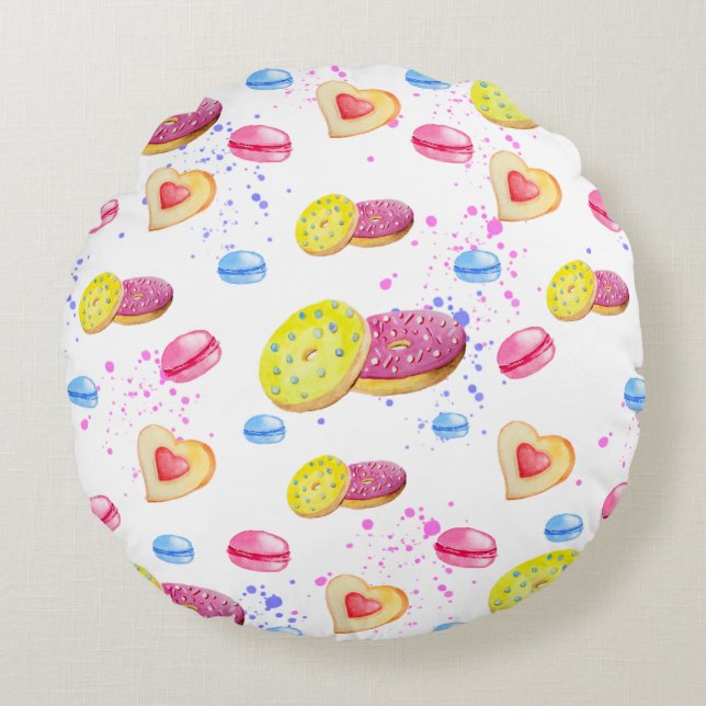 Süße Donuts mit farbenfrohen Glasmustern Rundes Kissen (Vorderseite)