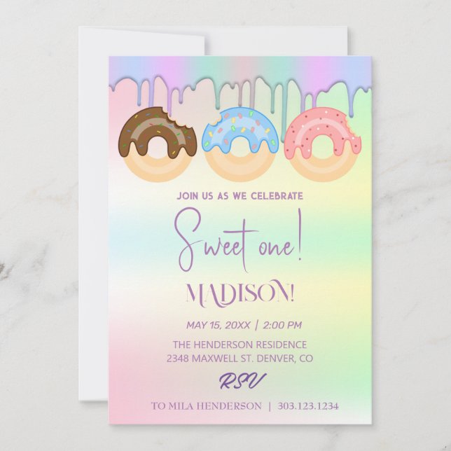 Süße Donuts, Regenbogenfarben, süßer erster Geburt Einladung (Vorderseite)