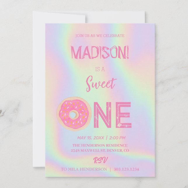 Süße Donuts, Regenbogenfarben, süßer erster Geburt Einladung (Vorderseite)