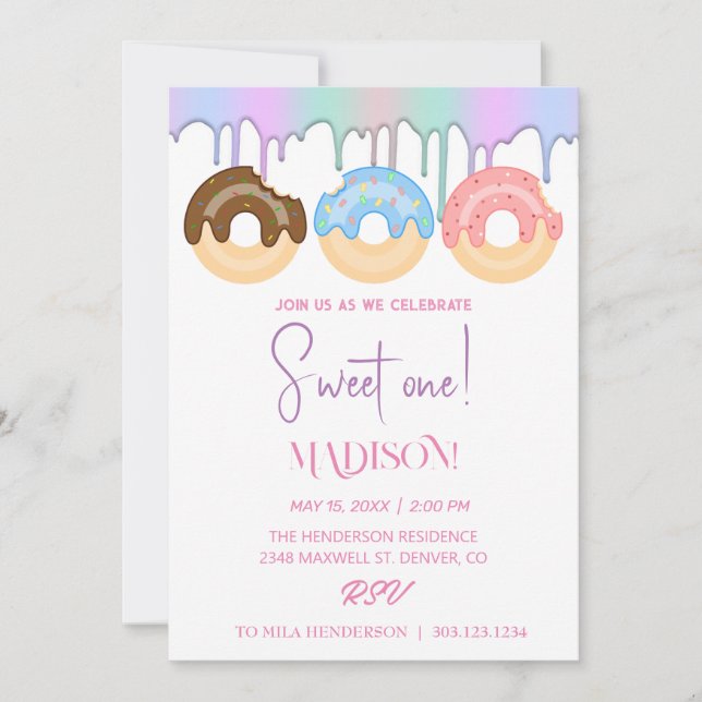 Süße Donuts, Regenbogenfarben, süßer erster Geburt Einladung (Vorderseite)