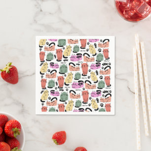 Süße Doodle-Katzen und Pfotenabdrücke Serviette