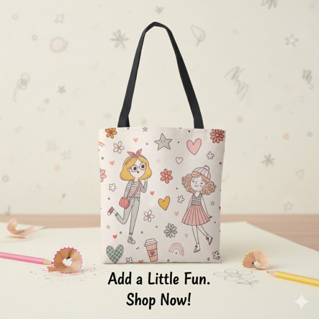 Süße Doodle-Mädchen Fullprint-Tragetasche (Cute Doodle Girls Full-Print Tote Bag)
