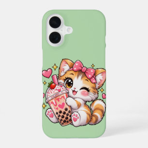 Süße Dreifarben-Katze Boba-Tee Zwinkernd Erdbeere iPhone 16 Hülle