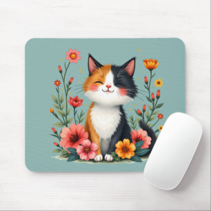 Süße Dreifarbenkatze mit floralem Cottagecore-Ästh Mousepad