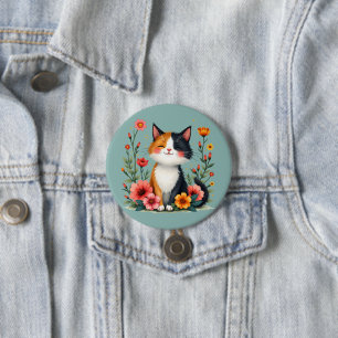 Süße Dreifarbenkatze mit floralem Cottagecore-Stil Button