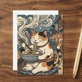 Süße dreifarbige Katze, die Ramen isst, japanische Postkarte