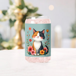 Süße dreifarbige Katze mit floralem Cottagecore-Äs Dosenglas