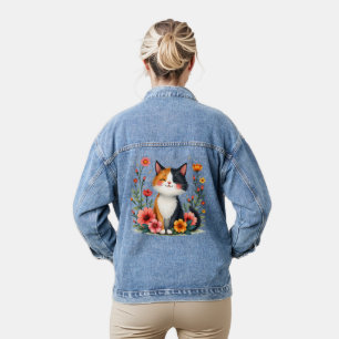 Süße dreifarbige Katze mit floralem Cottagecore-Äs Jeansjacke